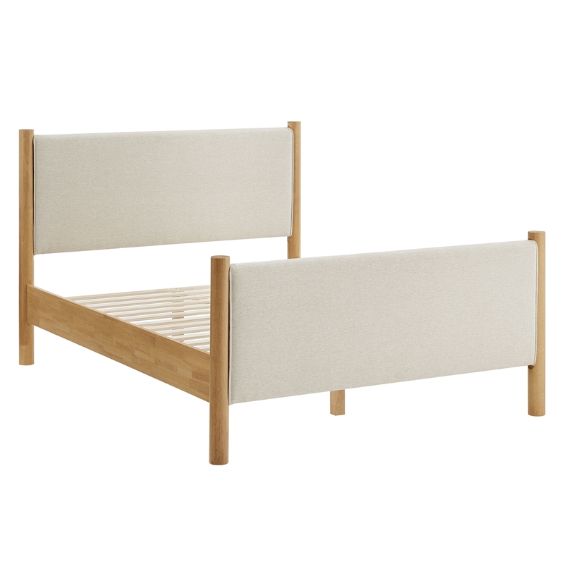 Maklaine Contemporary Wooden Bed Frame Upholstered Platform Bed in Ivory Oak