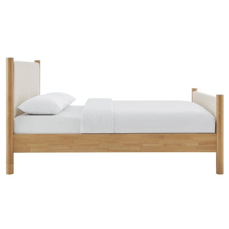 Maklaine Contemporary Wooden Bed Frame Upholstered Platform Bed in Ivory Oak