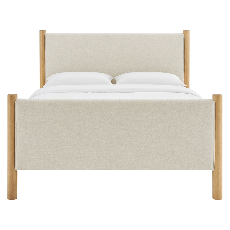 Maklaine Contemporary Wooden Bed Frame Upholstered Platform Bed in Ivory Oak