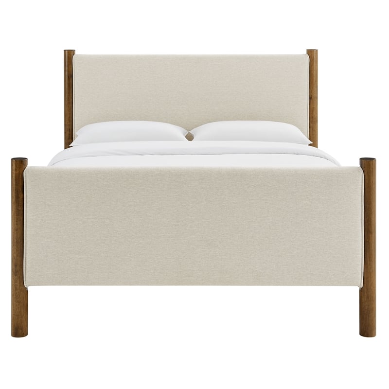 Maklaine Contemporary Upholstered Platform Bed in Ivory Walnut