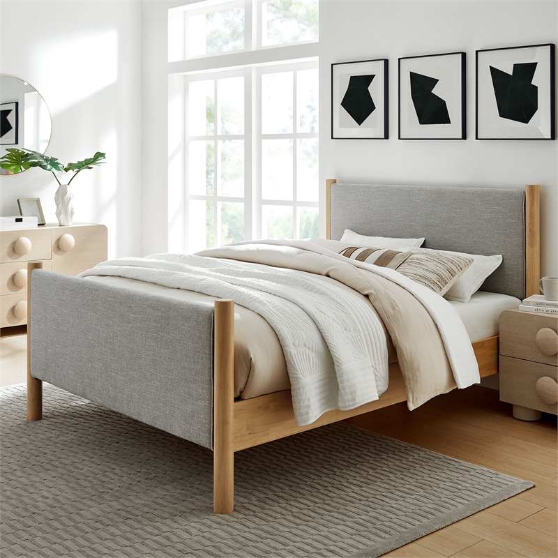 Maklaine Contemporary Wooden Bed Frame Upholstered Platform Bed in Wheat Oak