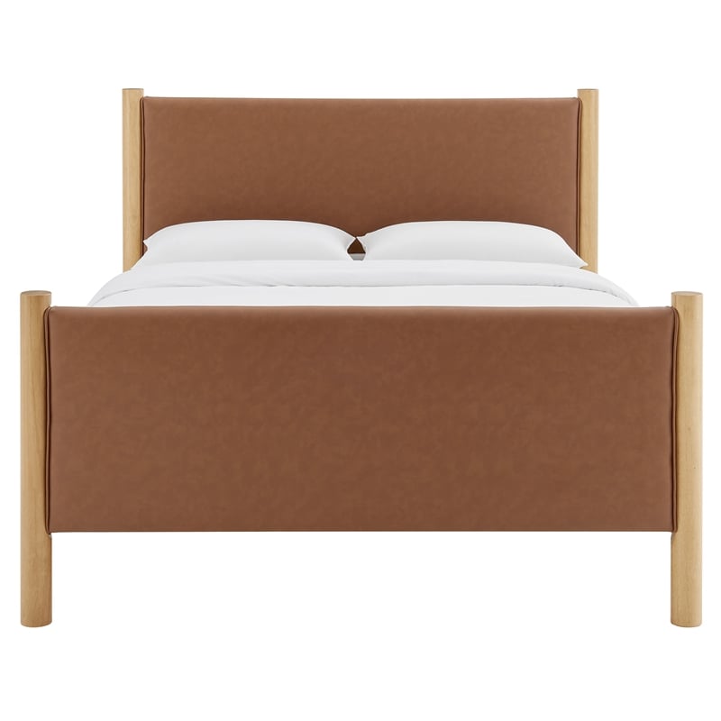 Maklaine Contemporary Wooden Bed Frame Upholstered Platform Bed in Tan Oak