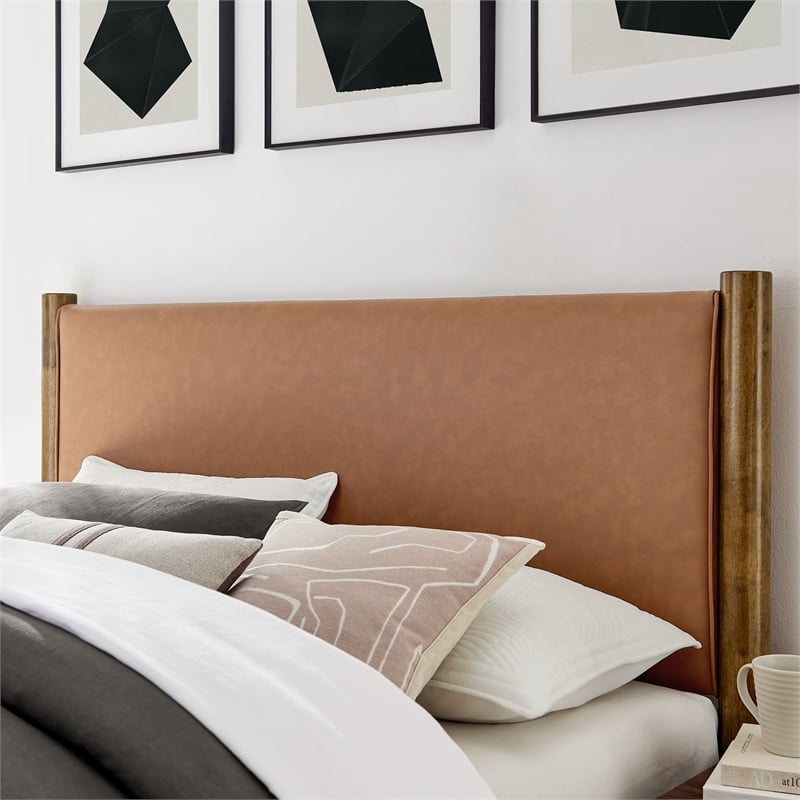 Maklaine Contemporary Upholstered Platform Bed in Tan Walnut