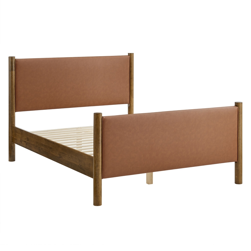 Maklaine Contemporary Upholstered Platform Bed in Tan Walnut