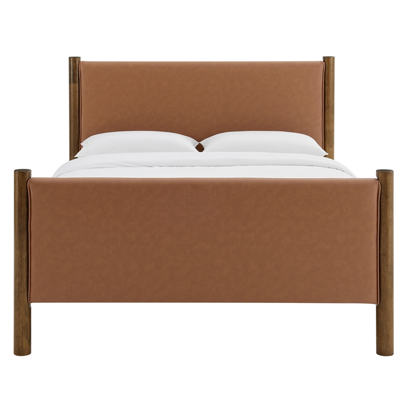Maklaine Contemporary Upholstered Platform Bed in Tan Walnut