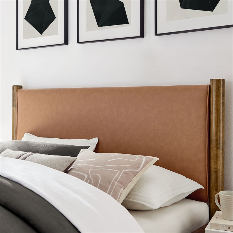 Maklaine Contemporary Upholstered Platform Bed in Tan Walnut