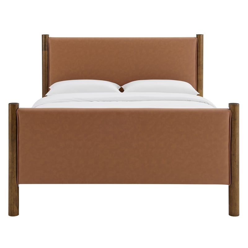 Maklaine Contemporary Upholstered Platform Bed in Tan Walnut