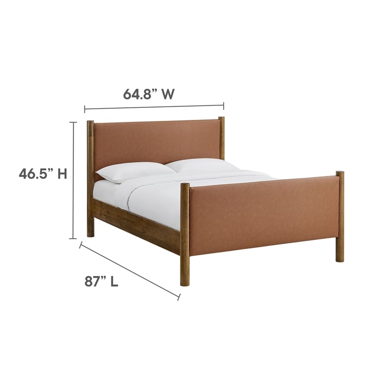 Maklaine Contemporary Upholstered Platform Bed in Tan Walnut