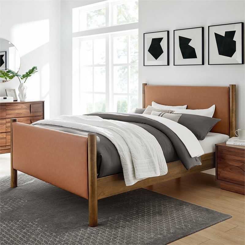 Maklaine Contemporary Upholstered Platform Bed in Tan Walnut