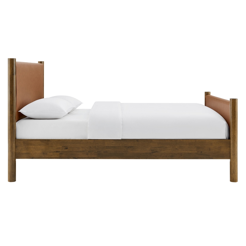 Maklaine Contemporary Upholstered Platform Bed in Tan Walnut