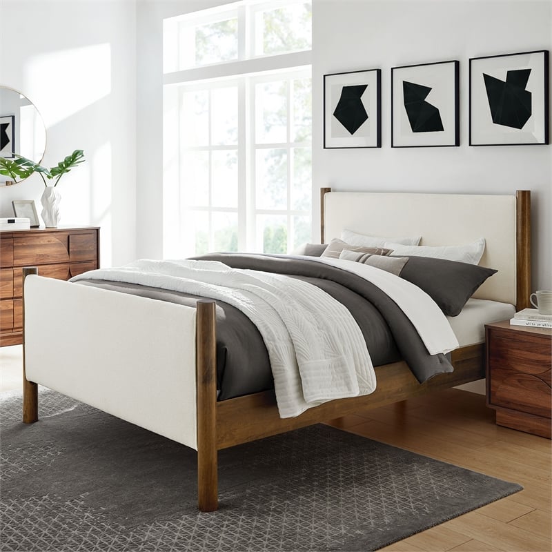 Maklaine Contemporary Upholstered Platform Bed in Feather Walnut