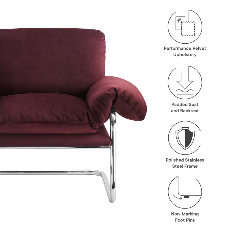 Maklaine Contemporary Performance Velvet Accent Chair in Mulberry