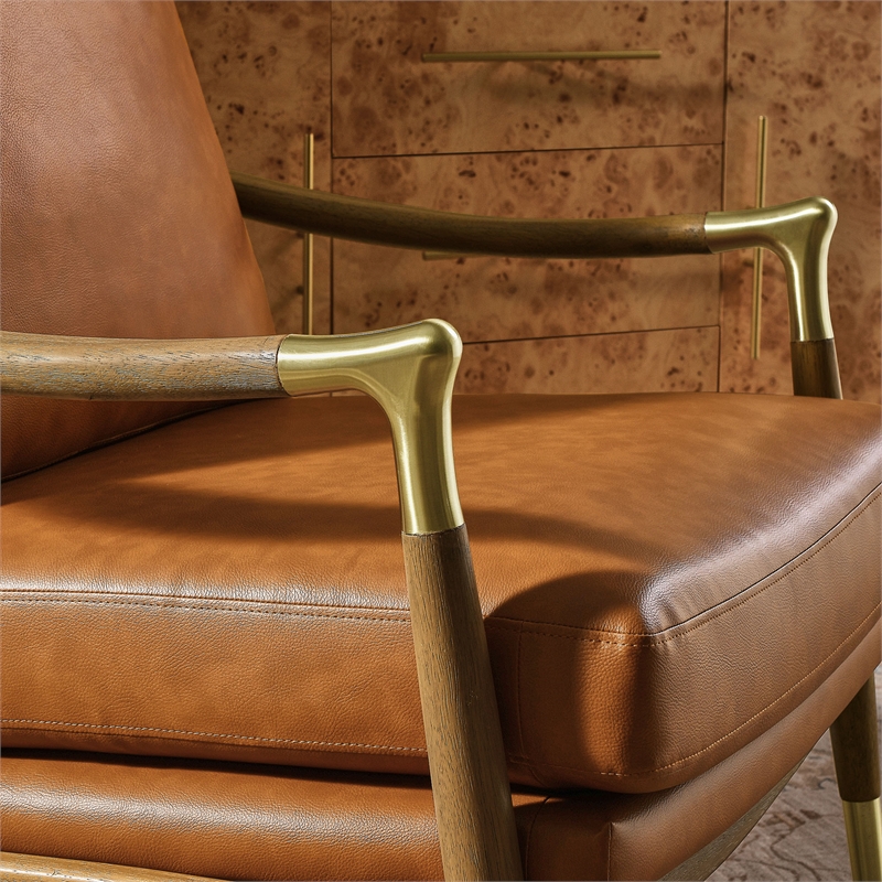 Maklaine Contemporary Upholstered Accent Armchair in Tan Walnut