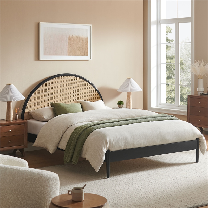 Maklaine Contemporary Rattan Cane Headboard Platform Bed in Black