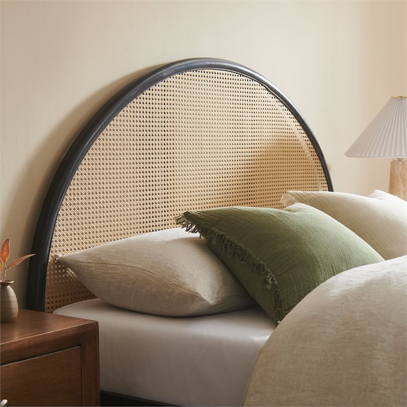 Maklaine Contemporary Rattan Cane Headboard Platform Bed in Black
