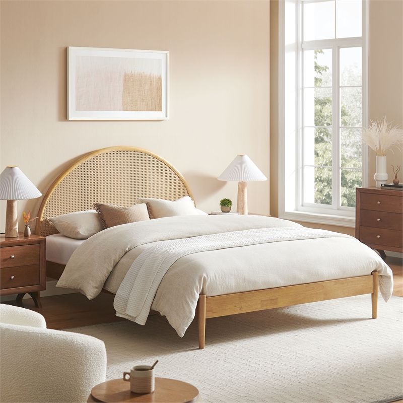 Maklaine Contemporary Rattan Cane Headboard Platform Bed in Oak