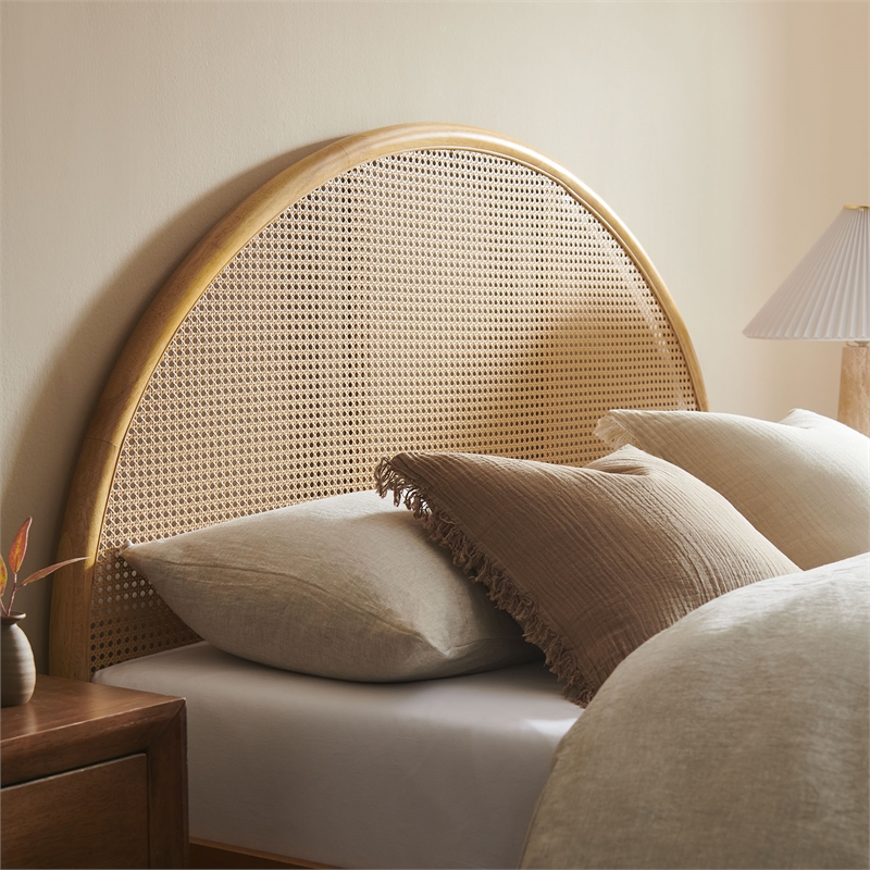 Maklaine Contemporary Rattan Cane Headboard Platform Bed in Oak