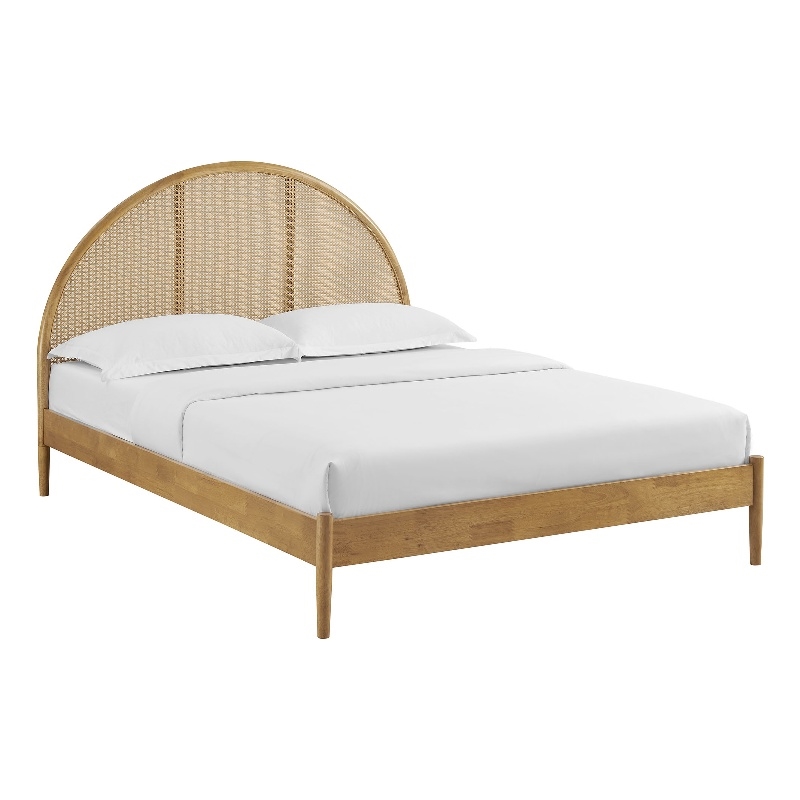 Maklaine Contemporary Rattan Cane Headboard Platform Bed in Oak