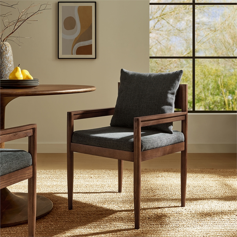 Maklaine Contemporary Solid Elm Wood Frame Dining Armchair in Charcoal