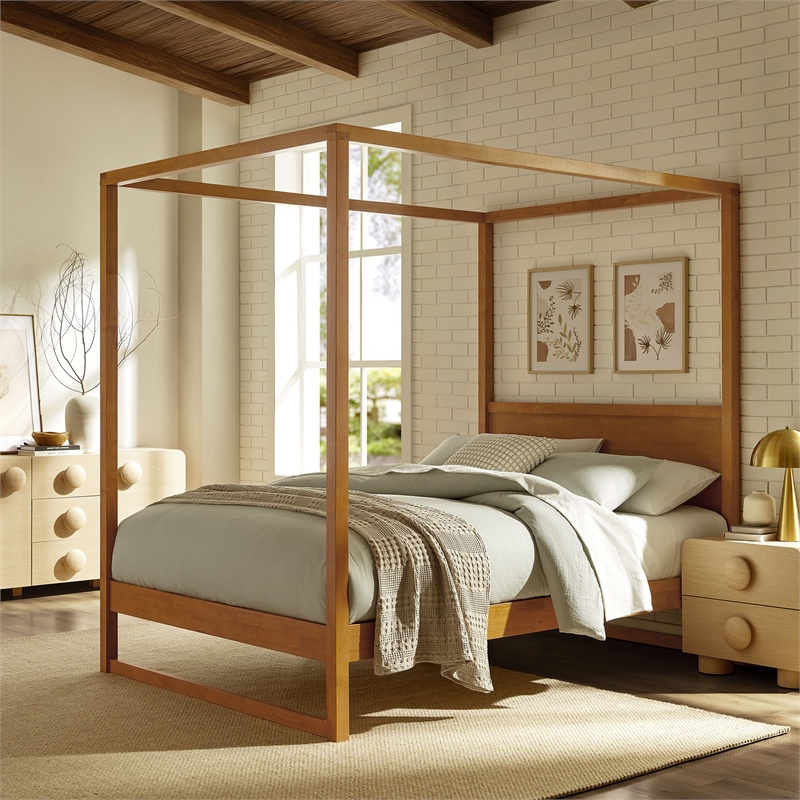 Maklaine Modern / Contemporary 4-Post Canopy Platform Bed in Oak