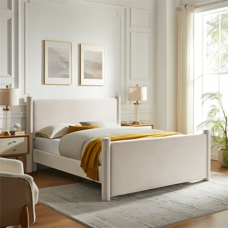 Maklaine Contemporary Performance Velvet Queen Platform Bed in Alabaster