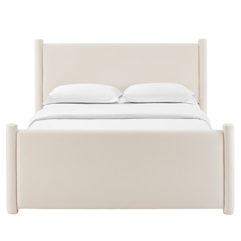 Maklaine Contemporary Performance Velvet Queen Platform Bed in Alabaster