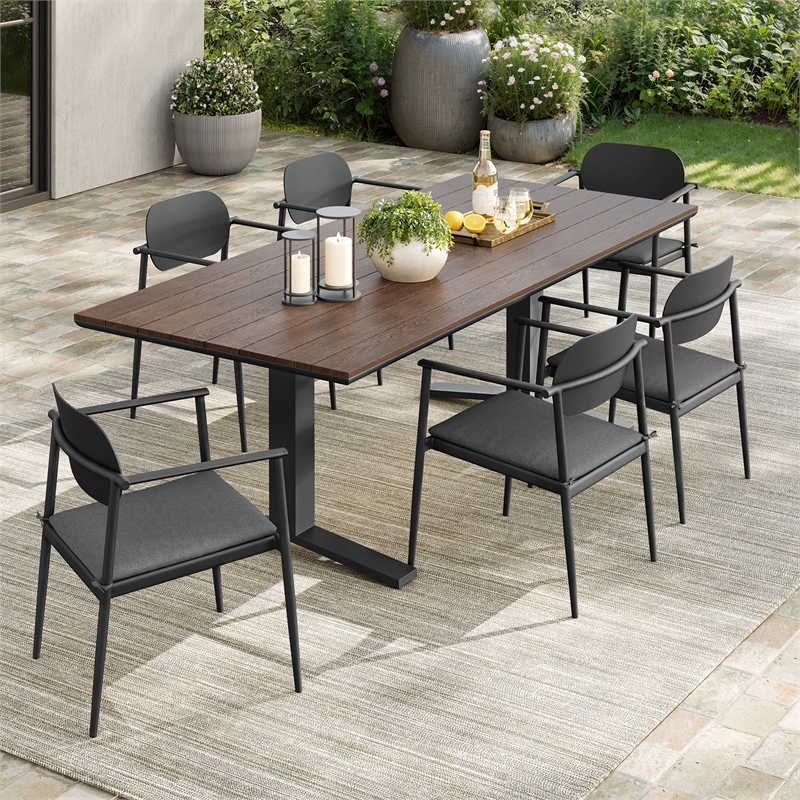 Maklaine 7-Piece Outdoor Patio Aluminum Dining Set in Charcoal