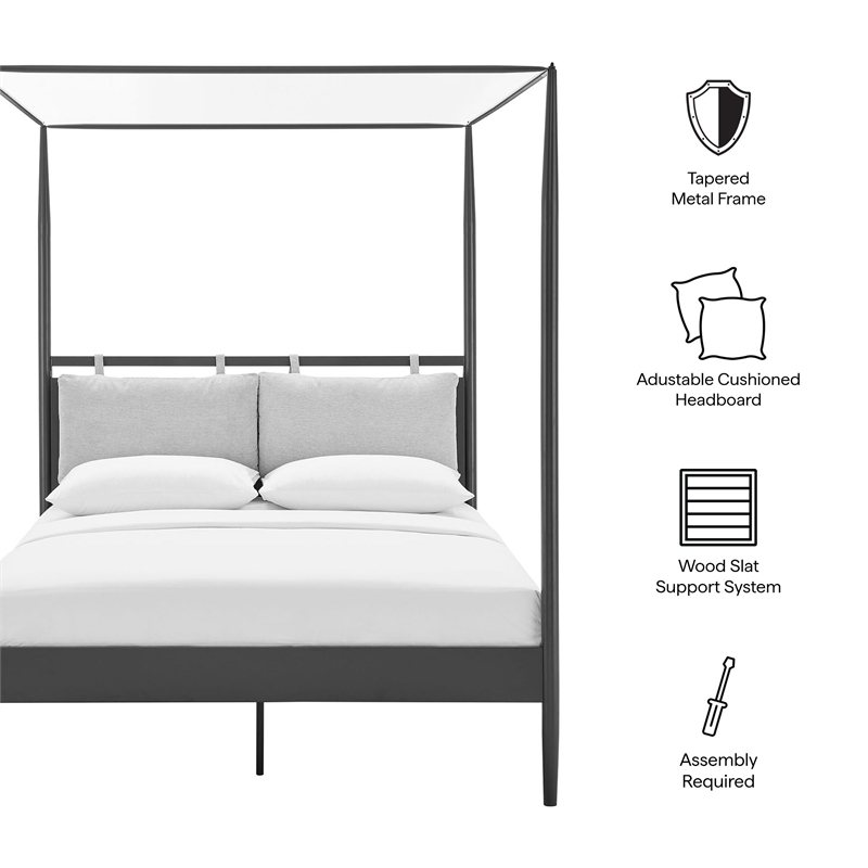 Maklaine 4-Poster Canopy Metal Queen Platform Bed in Charcoal