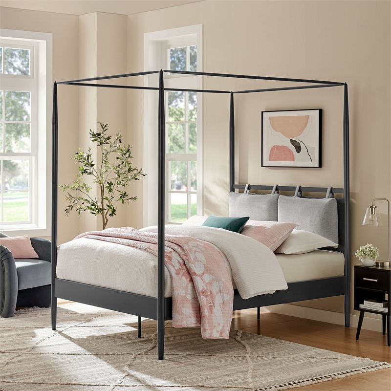 Maklaine 4-Poster Canopy Metal Full Platform Bed in Charcoal