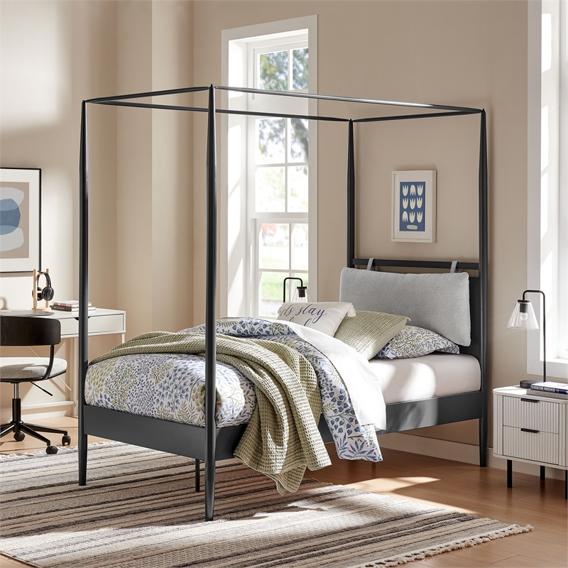 Maklaine 4-Poster Canopy Metal Twin Platform Bed in Charcoal