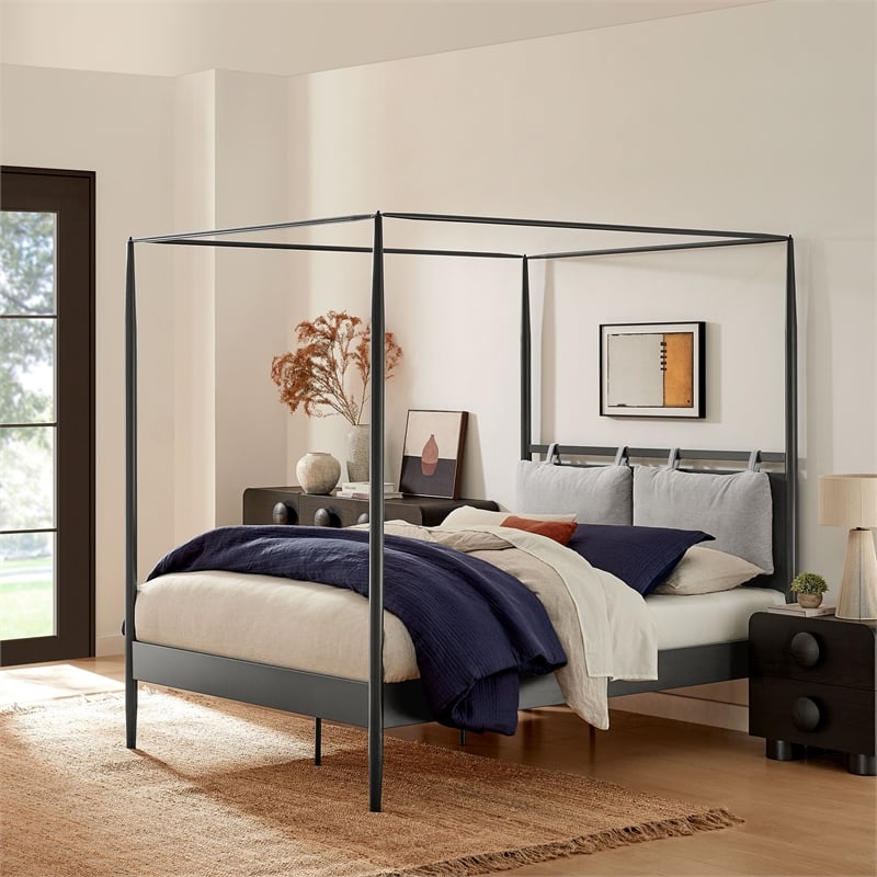 Maklaine 4-Poster Canopy Metal King Platform Bed in Charcoal