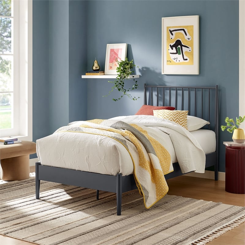 Maklaine Contemporary Spindle Metal Twin Platform Bed in Charcoal