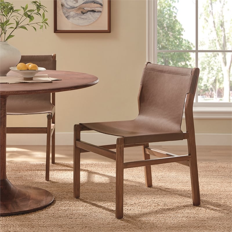 Maklaine Contemporary Leather Dining Side Chair in Nutmeg Brown