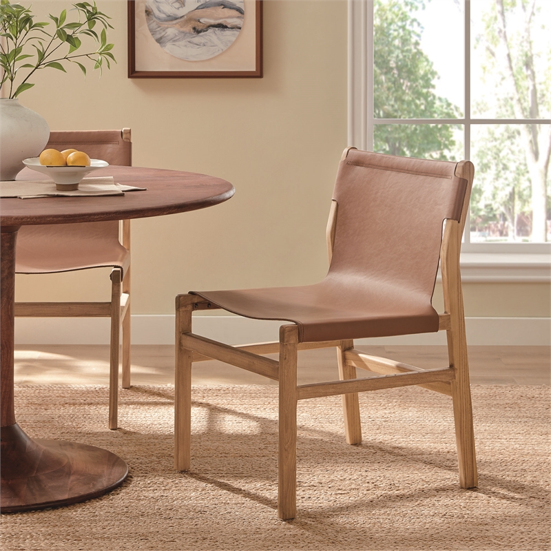 Maklaine Contemporary Leather Dining Side Chair in Chestnut Tan