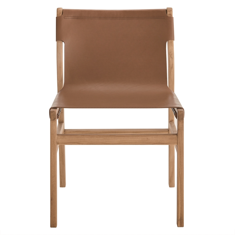 Maklaine Contemporary Leather Dining Side Chair in Chestnut Tan