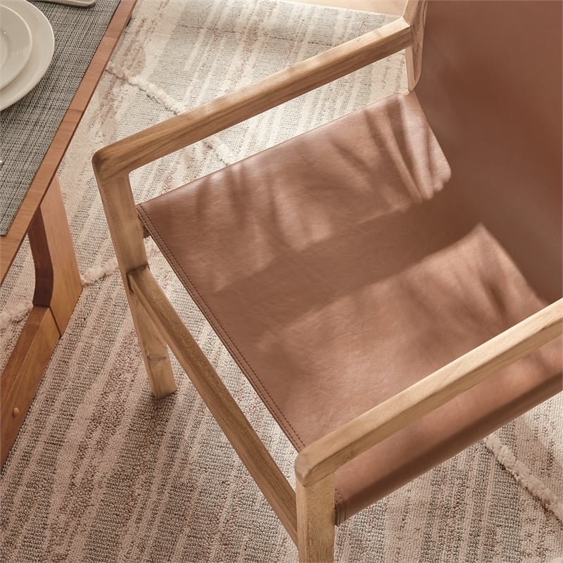 Maklaine Contemporary Leather Seat and Back Dining Chair in Chestnut Tan