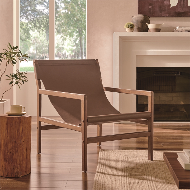 Maklaine Modern / Contemporary Leather Sling Chair in Nutmeg Brown