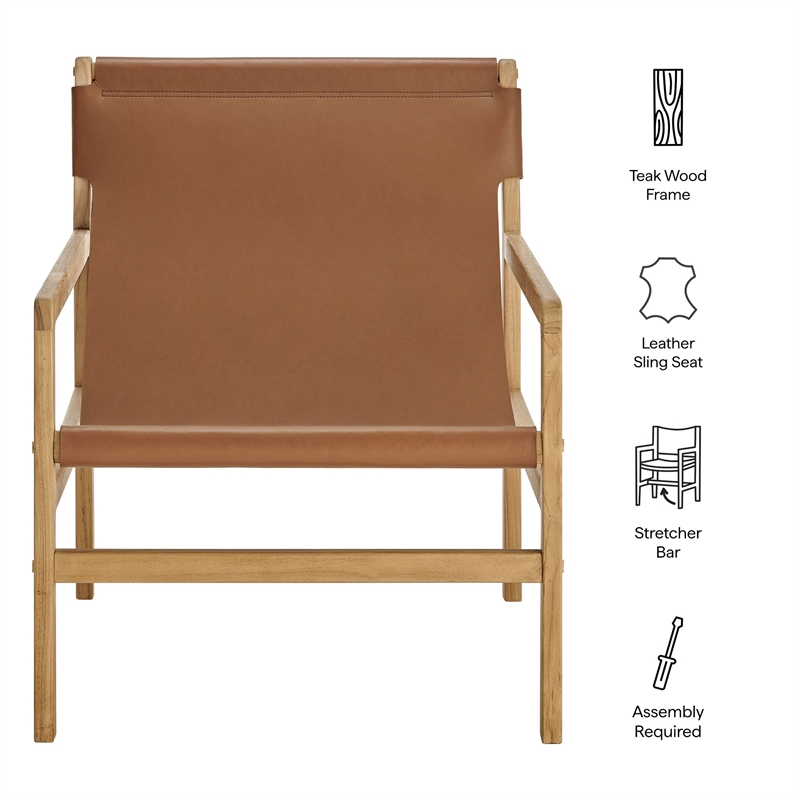 Maklaine Modern / Contemporary Leather Sling Chair in Chestnut Tan