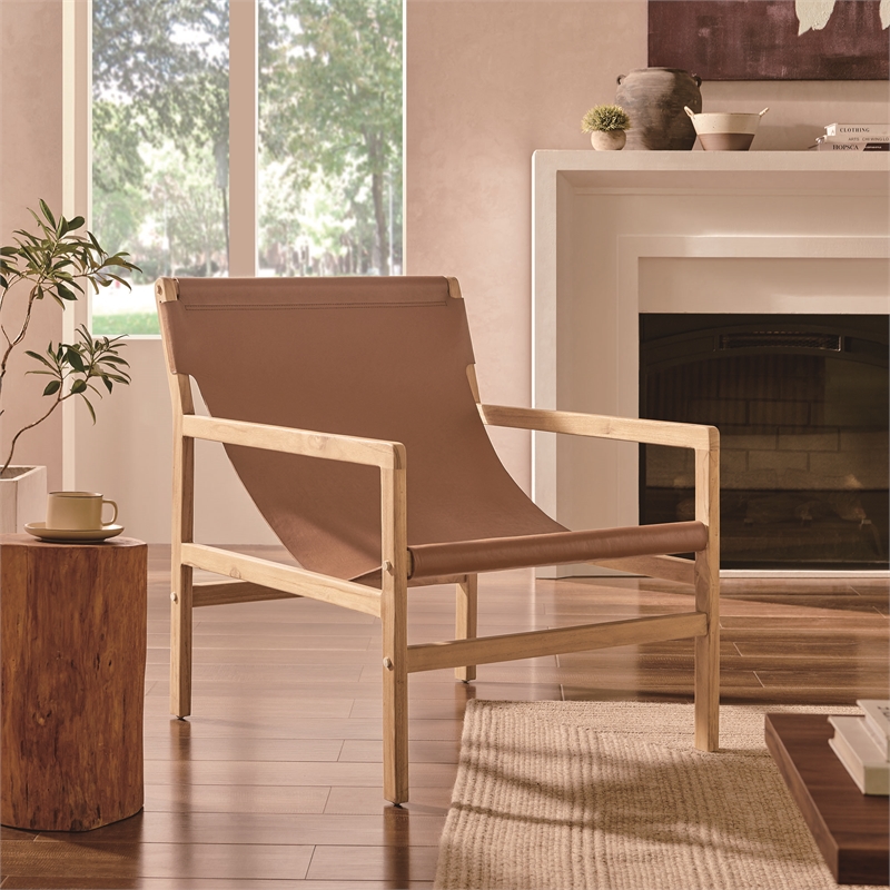 Maklaine Modern / Contemporary Leather Sling Chair in Chestnut Tan