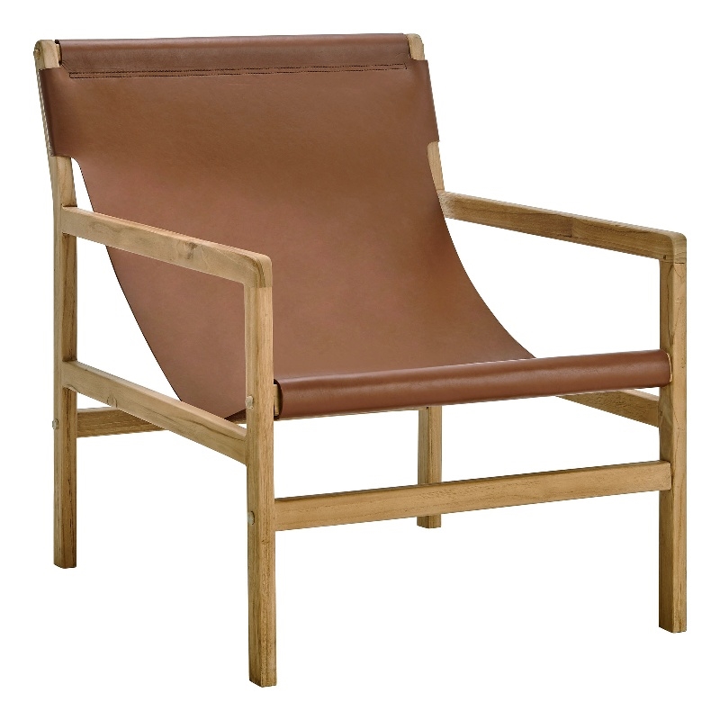 Maklaine Modern / Contemporary Leather Sling Chair in Chestnut Tan