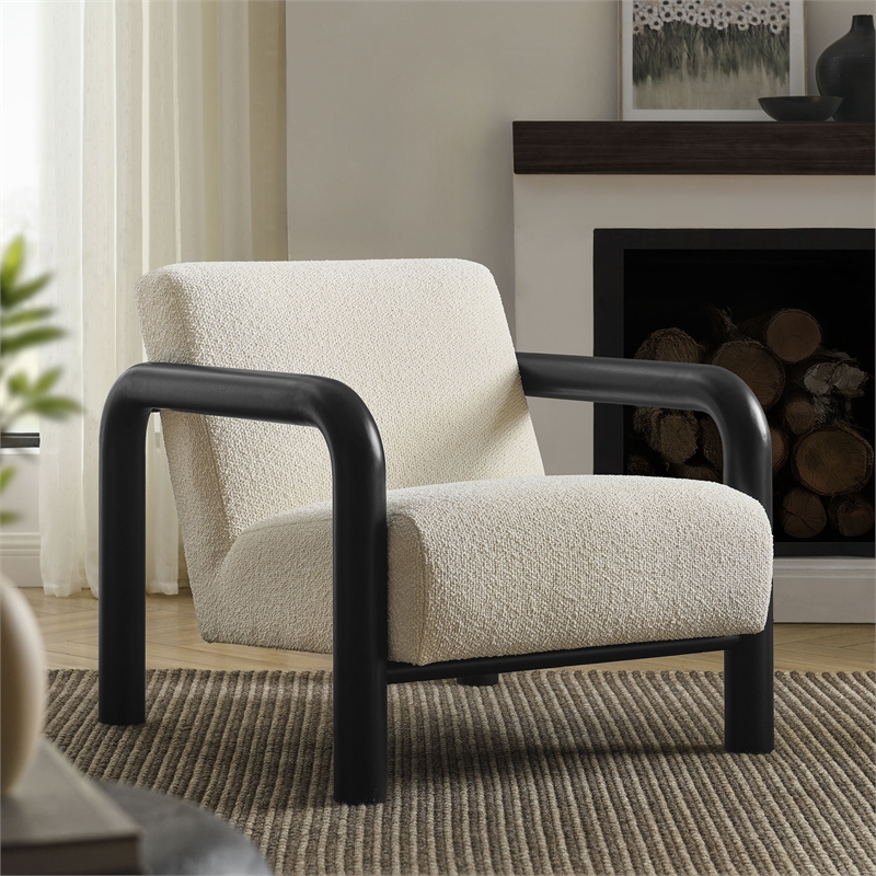 Maklaine Contemporary Dense Foam Padding Boucle Accent Chair in Cream Black