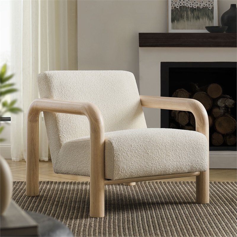Maklaine Contemporary Dense Foam Padding Boucle Accent Chair in Cream Oak