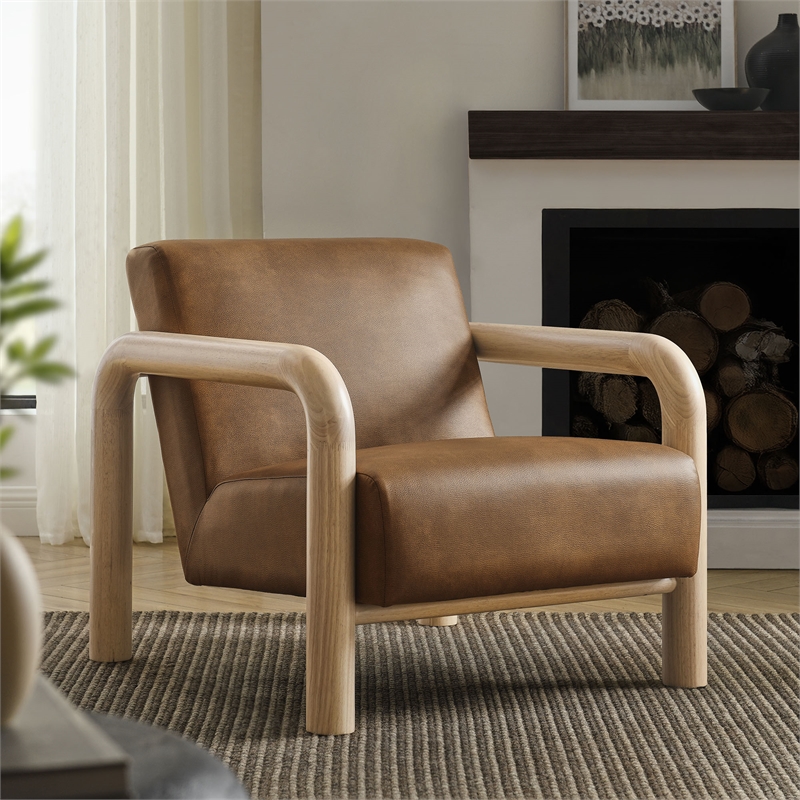 Maklaine Contemporary Vegan Leather Accent Chair in Canyon Oak