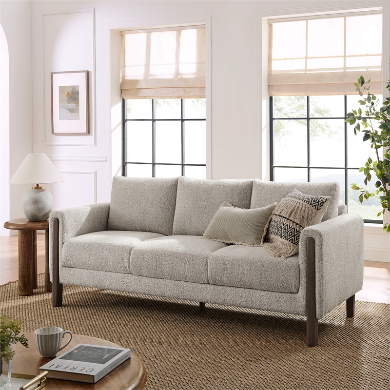 Maklaine Contemporary Boucle Fabric Sofa in Parchment Espresso
