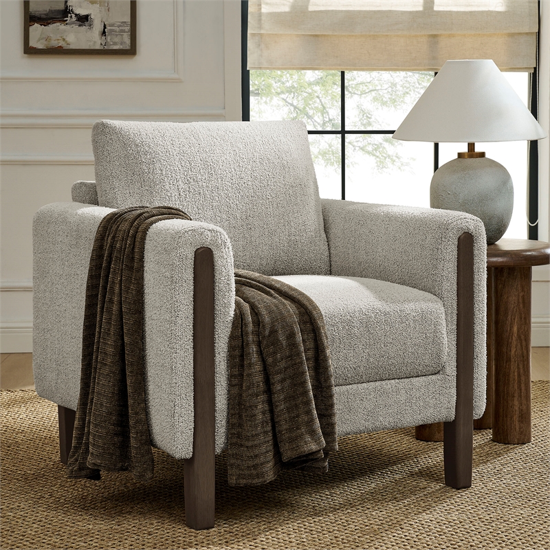 Maklaine Boucle Fabric Accent Armchair in Parchment Espresso