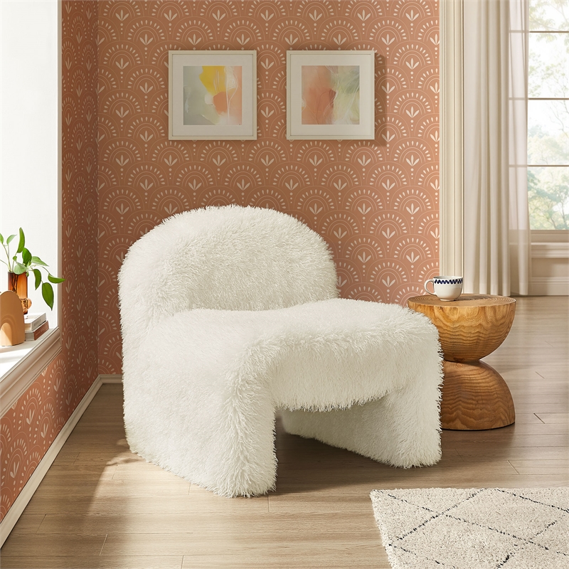 Maklaine Contemporary Faux Fur Upholstered Accent Chair in White