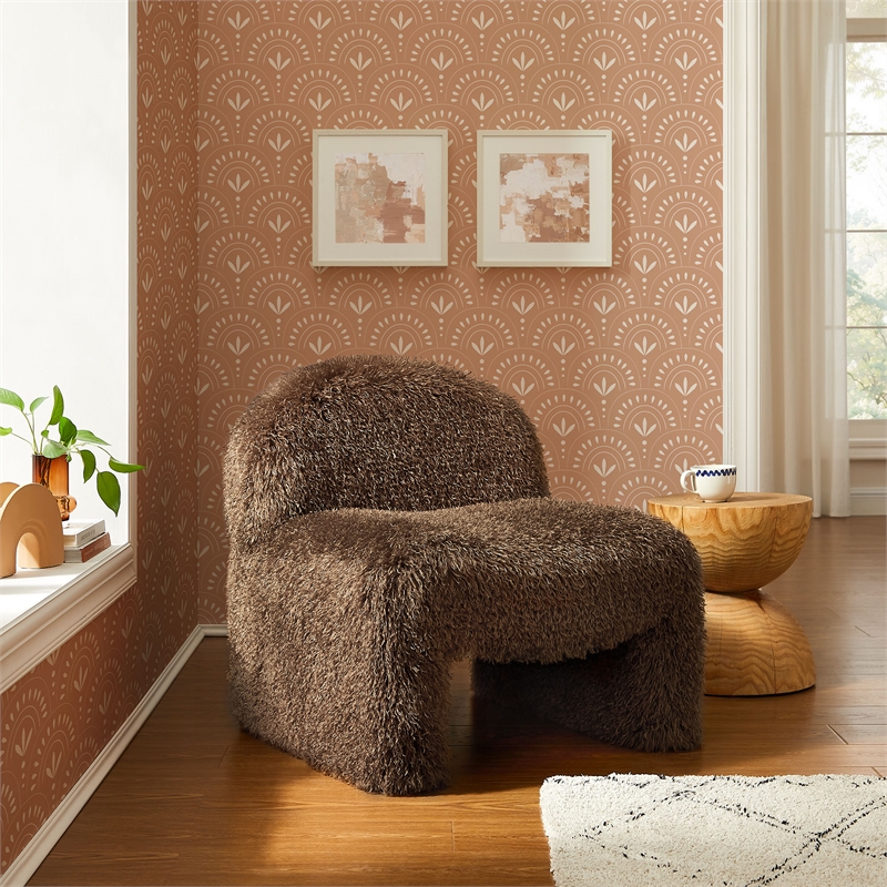 Maklaine Contemporary Faux Fur Upholstered Accent Chair in Brown