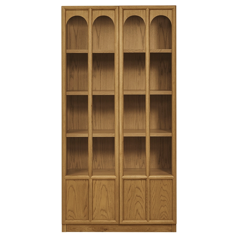 Maklaine Contemporary Solid Wood and Glass Display Cabinet in Oak