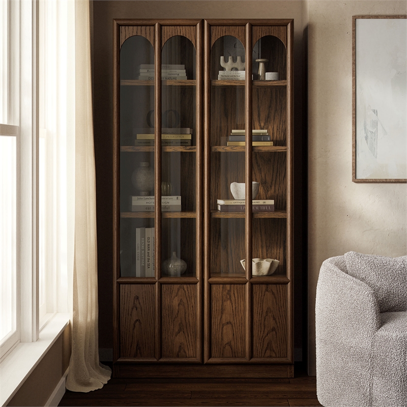 Maklaine Contemporary Solid Wood and Glass Display Cabinet in Walnut