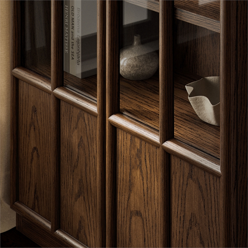 Maklaine Contemporary Solid Wood and Glass Display Cabinet in Walnut